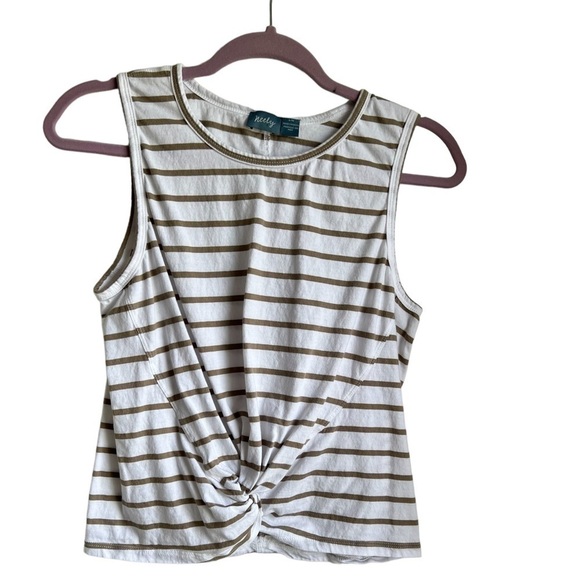 Neely Tops - Neely Women’s Sleeveless Tee.  Tan & White Striped.  Size L